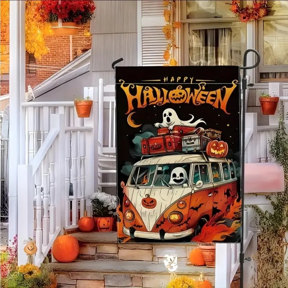 Happy Halloween Ghost Van Garden Flag 12x18-NEW